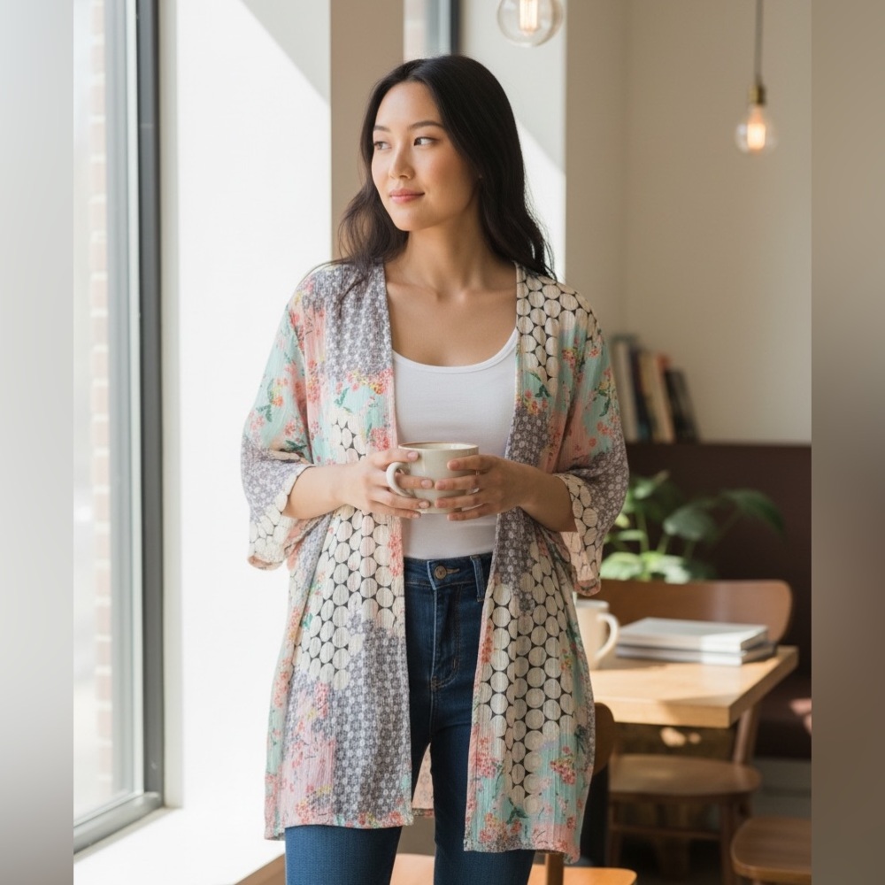 NEW• Zen Bohemian One Size Flowy Open Front Kimono